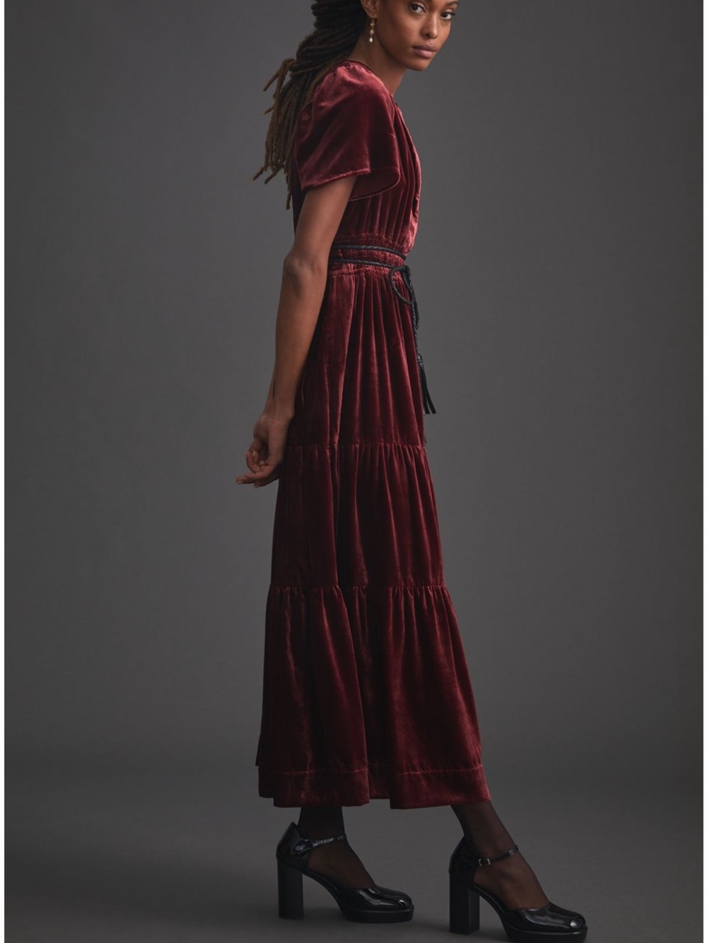 Anthropologie Somerset Velvet Tiered Maxi Dress - Burgundy